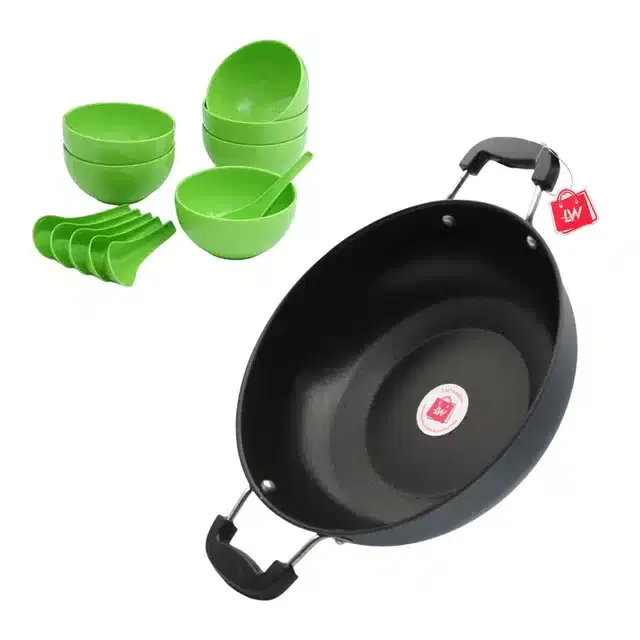 Non-Stick Kadhai & 6 Pcs Plastic Soup Bowl with 6 Pcs Spoons Set, Green & Black, 3000 ml