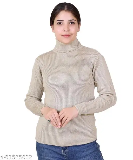 Hi-Neck Sweater for Women (Beige, L)