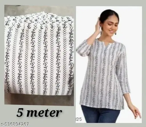 Rayon Printed Unstitched Kurti Fabric for Women, White (L)