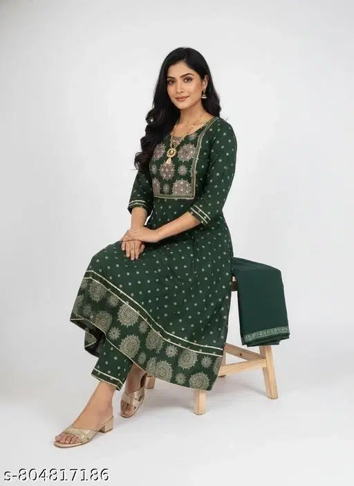 Embroidered Art Silk Gown Kurta Set for Women (Green, M)