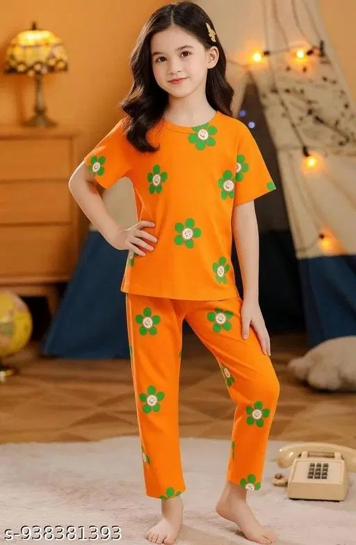 Cotton Blend Night Suit for Girls (Orange, 4-5 Years)