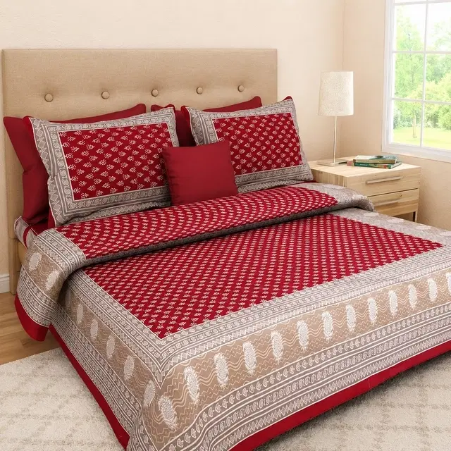 Cotton Double Bedsheet, Booti Maroon Jaipuri Print, 80x90 Inch