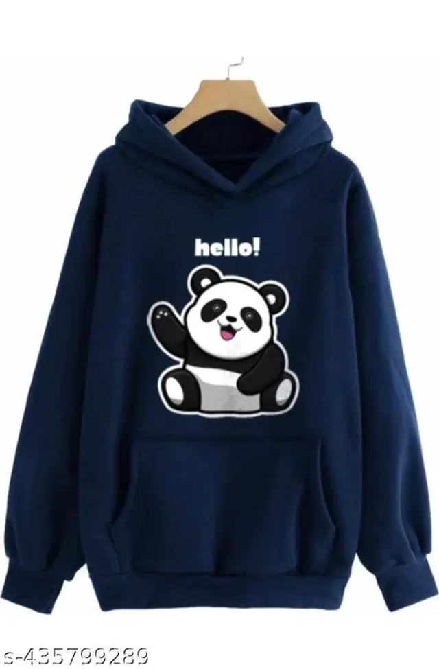 Fleece Printed Hoodie for Women (Navy Blue, S)