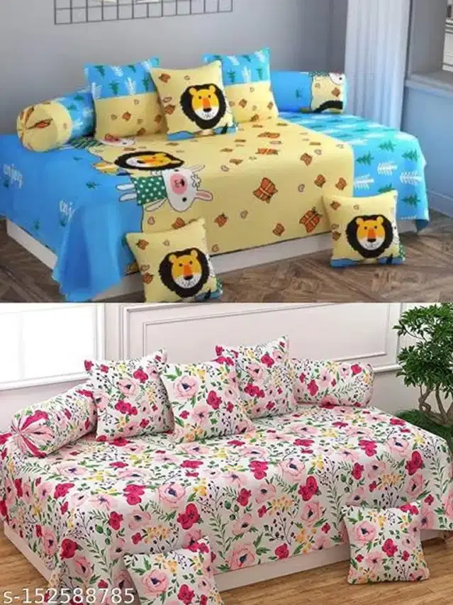 Polycotton Diwan Cover Set, Multicolor, Combo of 2