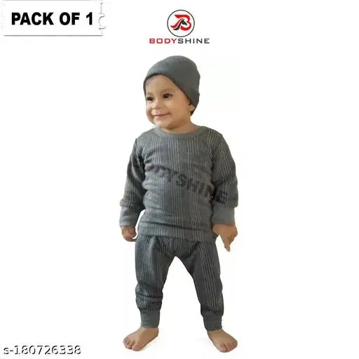 Woolen Thermal Top & Bottom Set for Kids (Dark Grey, 0-3 Months)