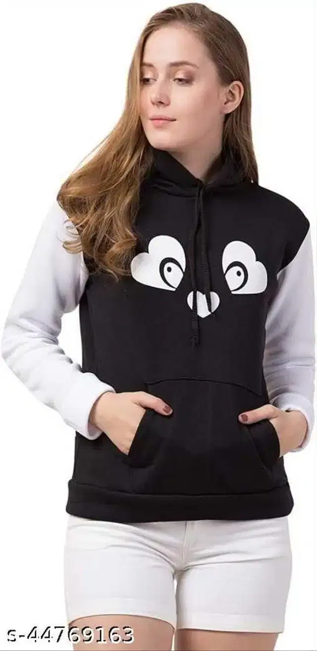 Woolen Colorblocked Full Sleeves Hooded Sweatshirt for Girls (White & Black, 10-11 Years)