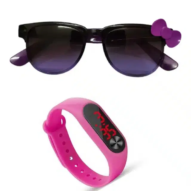 UV Protected Sunglass with Digital Watch for Boys & Girls, Set of 2 (Purple & Pink)