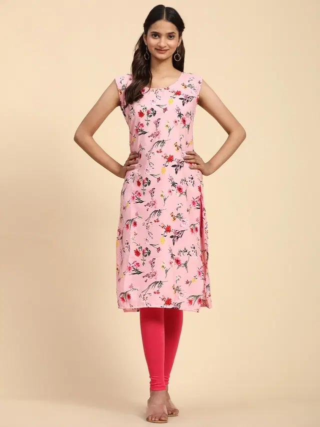 Crepe Printed kurti for Women, Baby Pink (XXL)