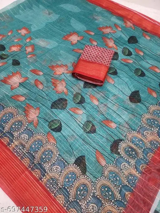 Botanical Printed Chanderi Fabric (Blue, Free Size)