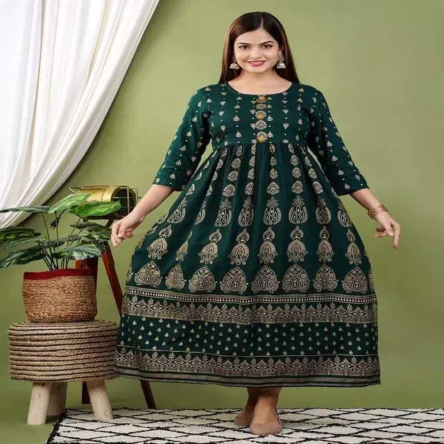 Rayon Printed Anarkali Kurti for Women, Green (S)