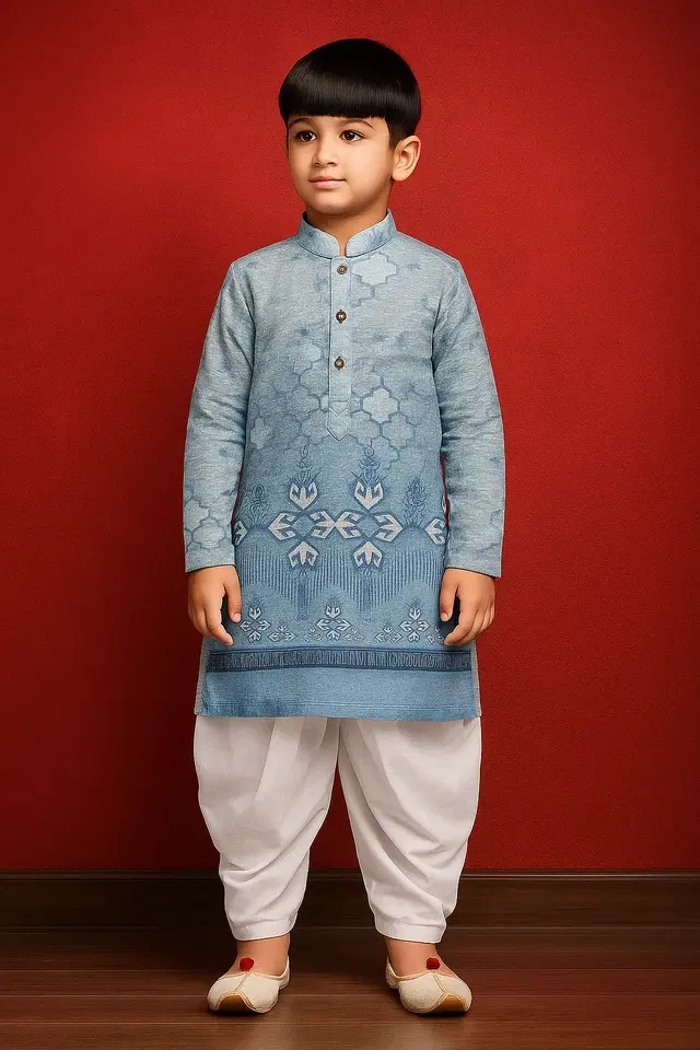 Cotton Blend Printed Kurta with Dhoti for Boys, Blue & White (6-12 Months)