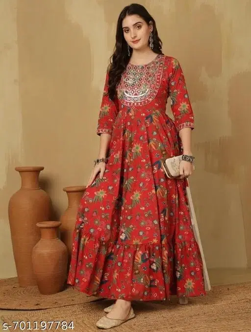 Rayon Printed Gown for Women, Red (XXL)