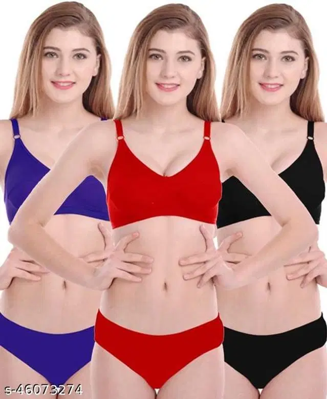 Cotton Blend Solid Lingerie Set for Women, Pack of 3 (Multicolor, 32A)
