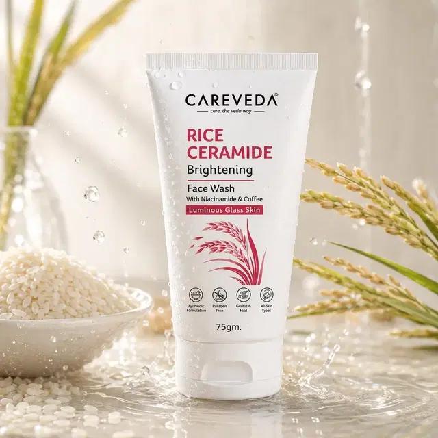 CareVeda Rice Ceramide Brightening Face Wash With Niacinamide & Coffee For Luminous Glass Skin 75 g