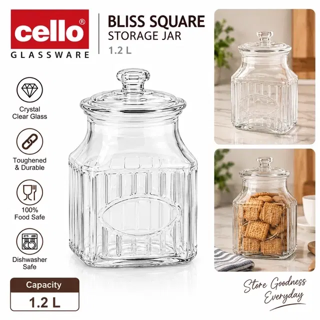 Cello Bliss Square Glass Storage Jar, 1.2 L | Pack Of 1 | Pop-Up Airtight Lid | Stackable | For Kitchen Storage