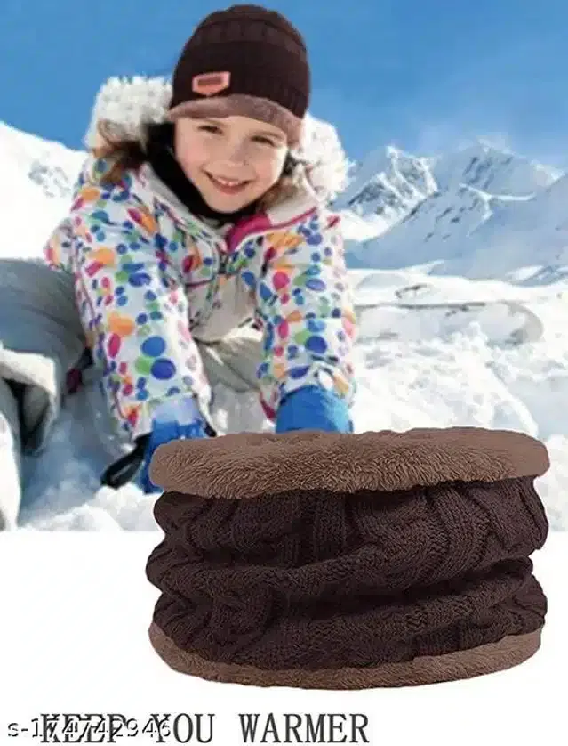 Woolen Winter Beanie Cap with Neck Warmer for Kids (Dark Brown, 0-2 Years)
