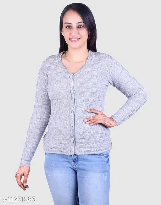 Acrylic Solid Sweater for Women (Grey, M)