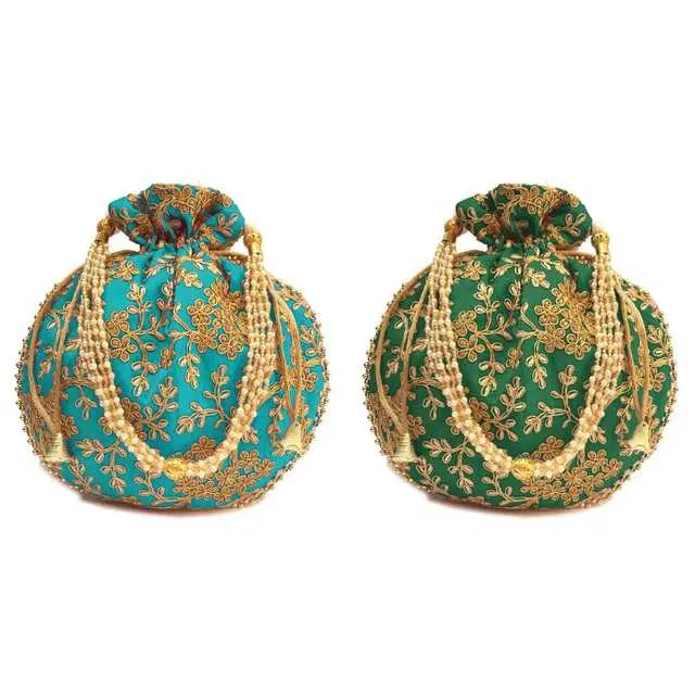 Cotton Silk Ethnic & Traditional Handheld Potli for Women, Blue & Green, Pack of 2, A-07