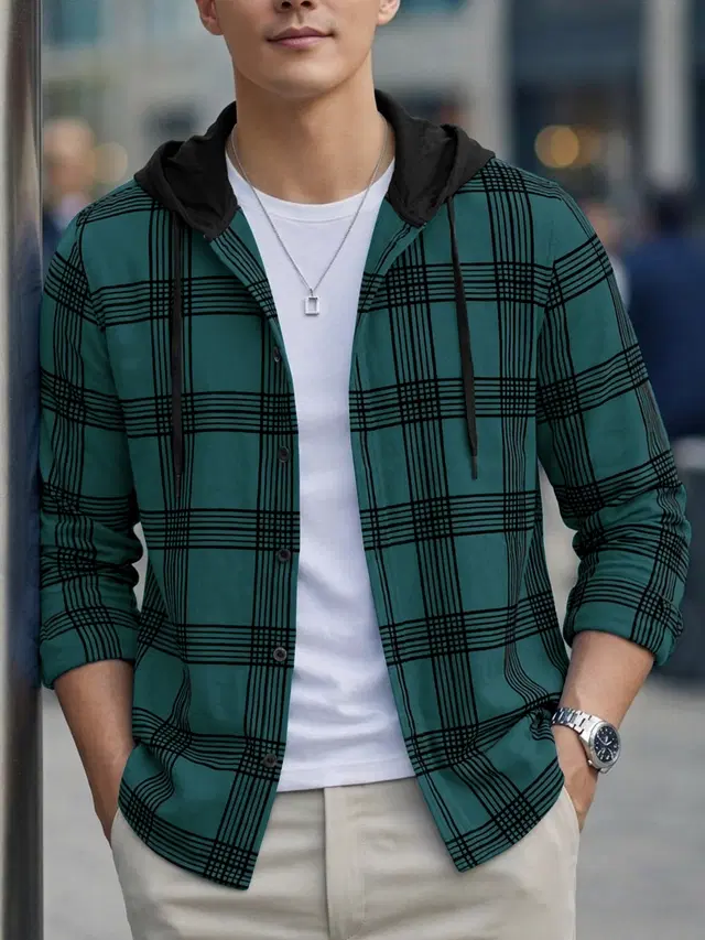 Checked Hooded Shirt for Men (Teal, S)