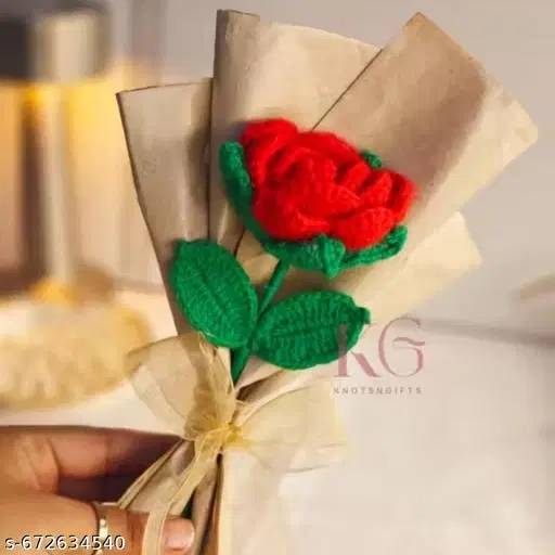 Crochet Artificial Flower Bouquet for Gift for Women (Red, Pack of 1)