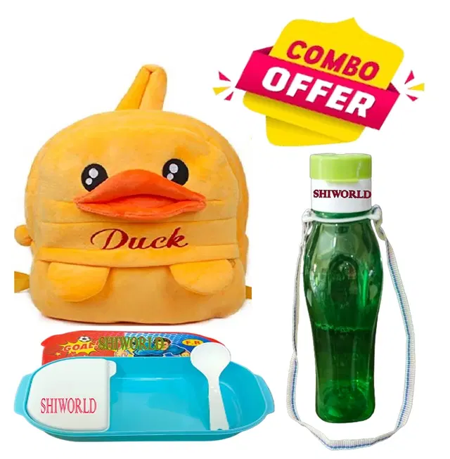 Combo of Fabric School Bag, Water Bottle with Lunch Box for Kids, Multicolor, Set of 3