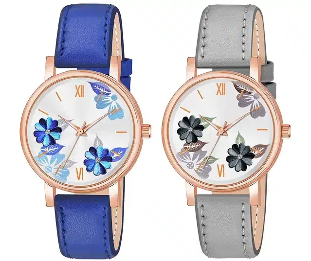 Designer Leather Analog Watch for Women & Girls, Pack of 2 (Blue & Grey)