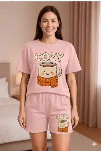 Cotton Blend Printed Top & Bottom Set for Women, Pink (XS)