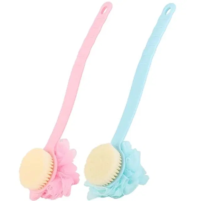2-in-1 Loofah with Handle Body Back Scrubber cum Bath Brush, Assorted, Pack of 2