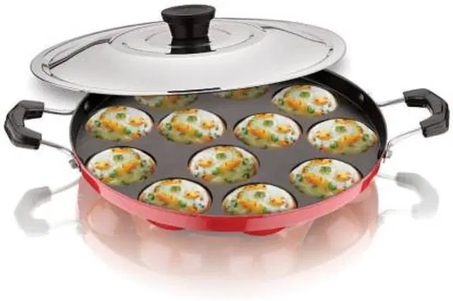 ZODEX 12 Cavities Non Stick Appam Patra with Lid and Side Handle, Multicolor, 21 cm