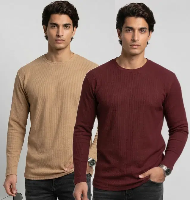 Polyester T-shirt for Men, Beige & Maroon, Pack of 2 (M)