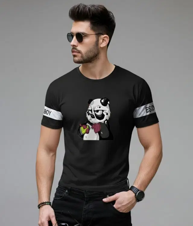 Polyester Printed T-shirt for Men, Black (M)