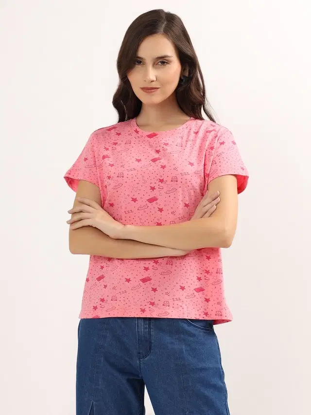 Round Neck Printed T-Shirt for Women, Pink (XL)
