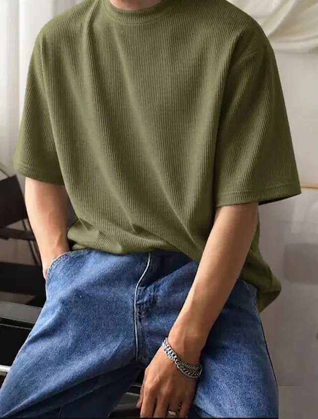 Ribbed Knit Oversized T-shirt for Men (Olive, M)