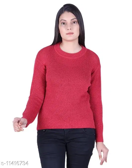 Acrylic Solid Sweater for Women (Red, XL)