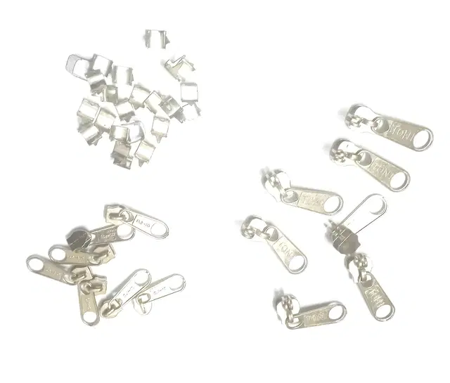 Metal School Bag Zipper Lock Big, Small & Lock Pin, Silver, Set of 15