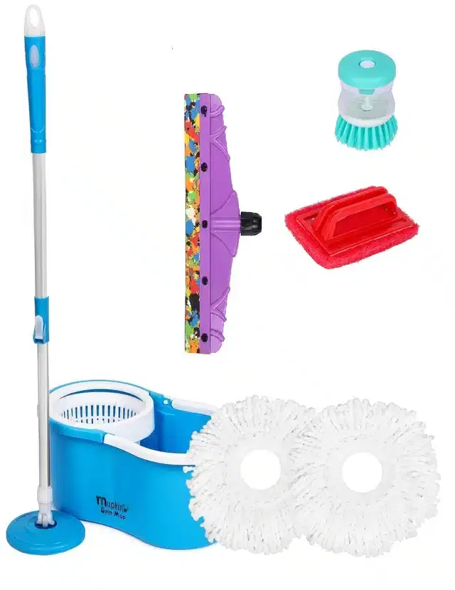 PVC Magic Spin Bucket Mop with 2 Refill & Cleaning Accessories Set, Blue, Set of 4