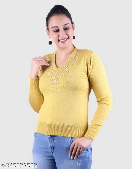 Acrylic Embellished Sweater for Women (Yellow, M)