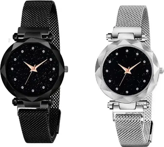 Women's Analog Watches, Pack of 2 (Black & Silver)