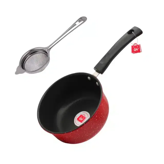 LAZYwindow Metal Nonstick Sauce Pan with Tea Strainer, Pack of 2, Red, 1.5 L