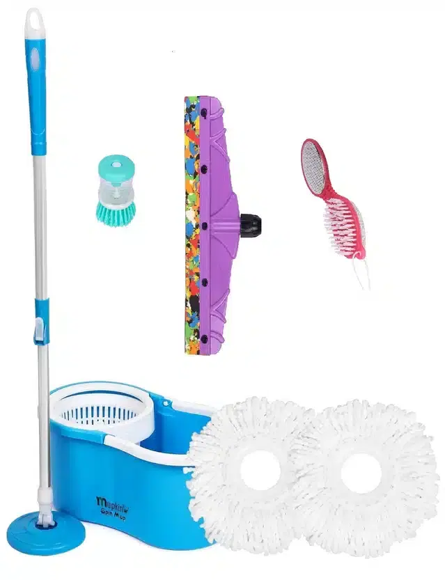 PVC Magic Spin Bucket Mop with 2 Refill & Cleaning Accessories Set, Blue, Set of 4