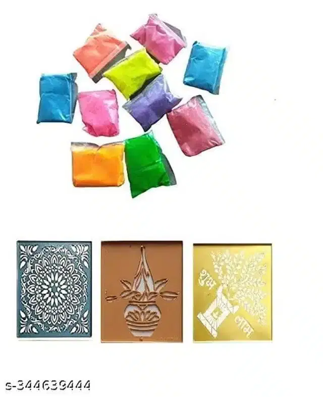 Rangoli Colors Pouch, 10 Pcs with 3 Pcs Design Tray, Multicolor, Set of 2