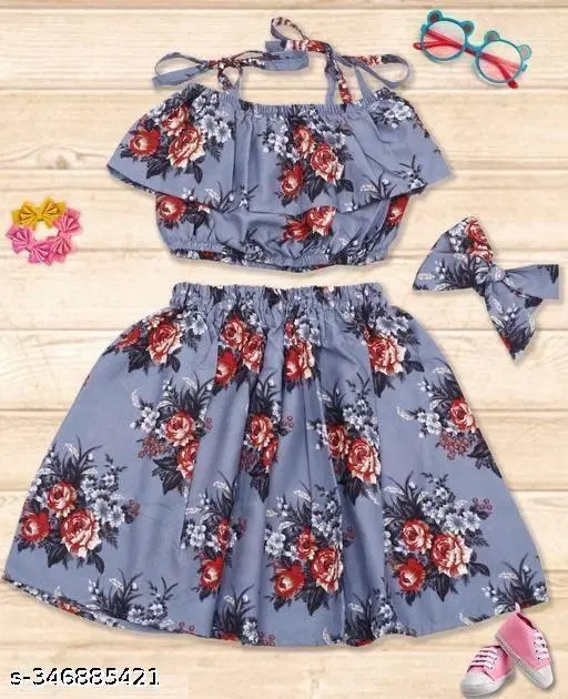 Rayon Printed Clothing Set for Girls, Grey, Pack of 1 (6-7 Years)