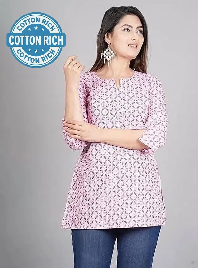 Cotton Blend Block Print Short Kurti for Women, Pink (XXL)
