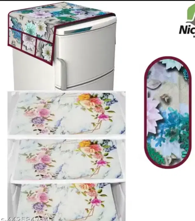 Waterproof Fridge Cover, With 3xFridge Mat And 1 xHandle Cover Pack Of 5 Blue Multi Flower