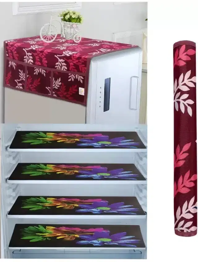 Knit Printed Fridge 4 Pcs Mat with Handle & Top Cover, Multicolor, Set of 1