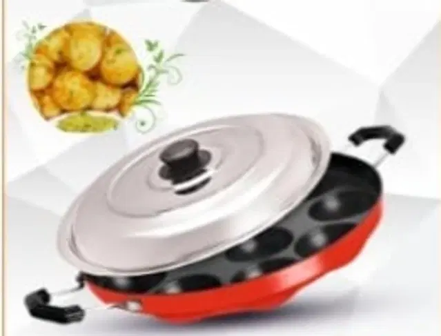 ZODEX 12 Cavities Non Stick Appam Patra with Lid and Side Handle, Multicolor, 21 cm