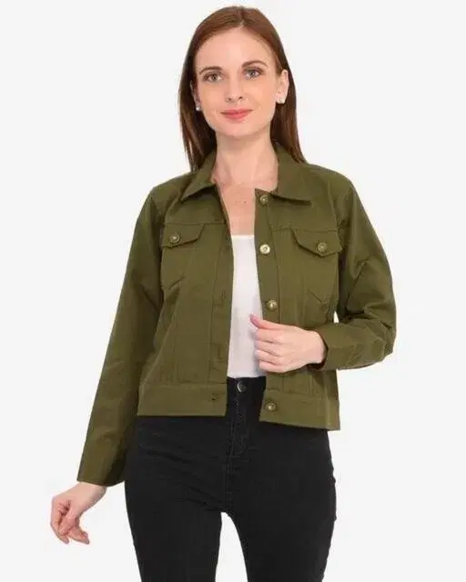 Cotton Twill Solid Jacket for Women, Green (S)
