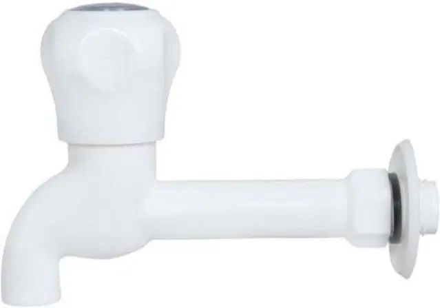 Plastic Long Body Bib Cock Tap with Wall Flange, White, Set of 1