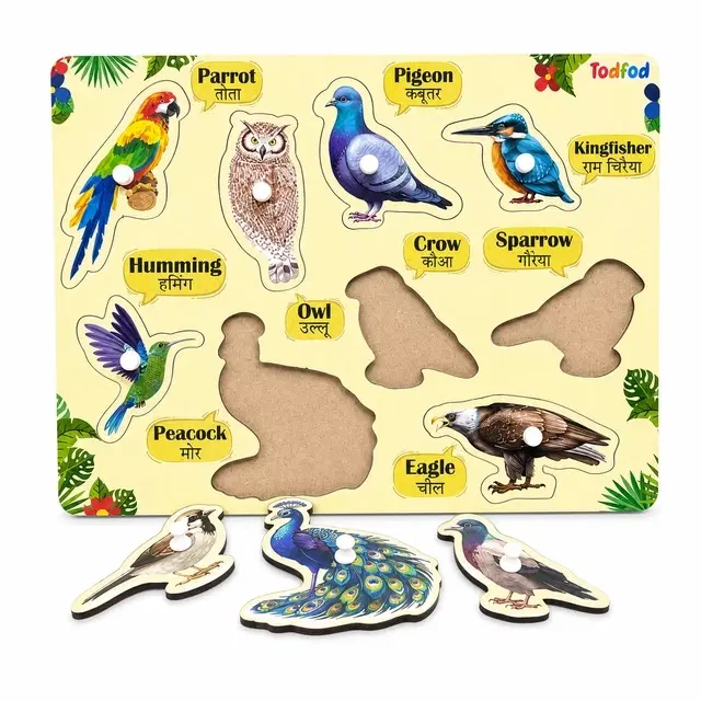 TodFod Wooden Birds Identify Puzzle With Knobs