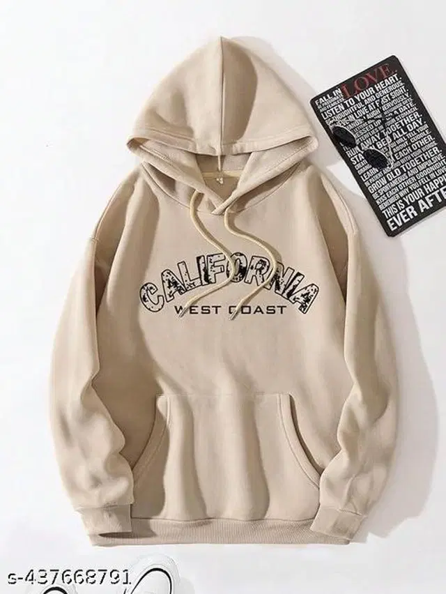 Cotton Blend Printed Hoodie for Women (Beige, S)